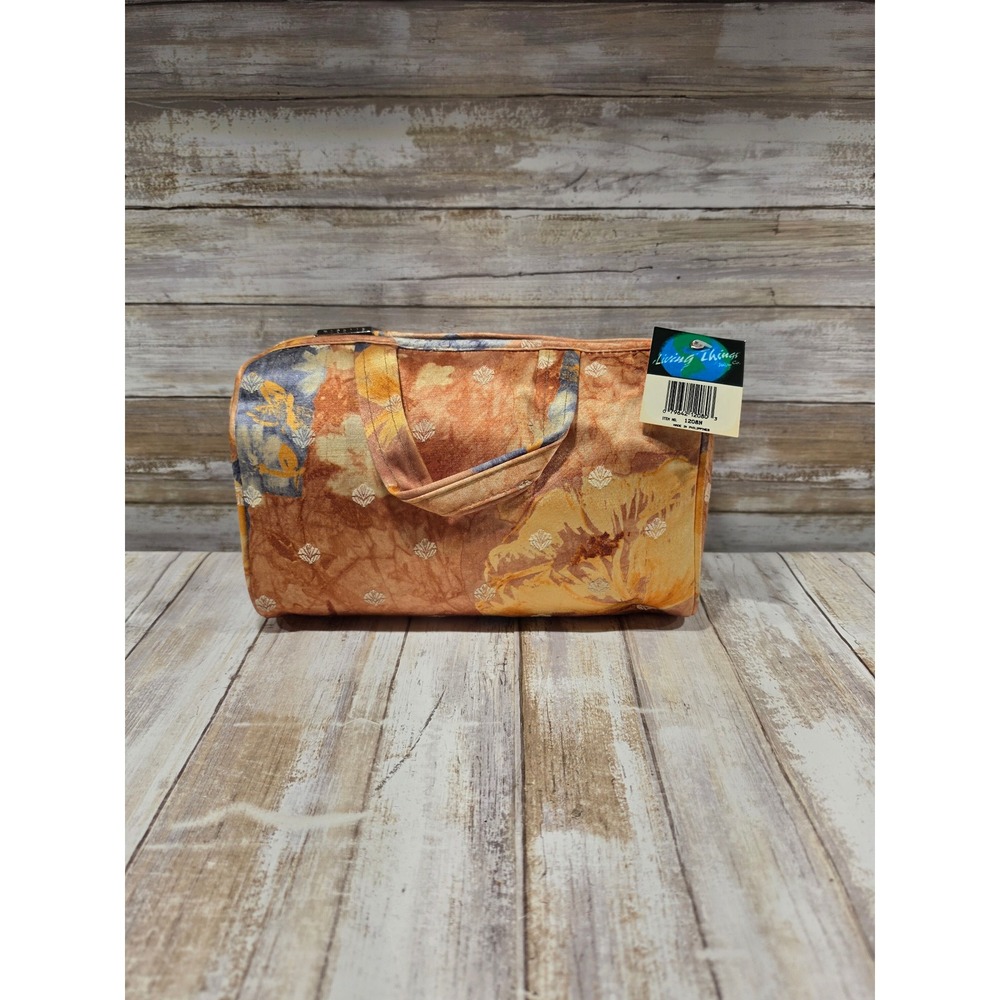 Living Things Co Abstract Floral Batik Canvas Barrel Travel Bag Orange Blue NWT